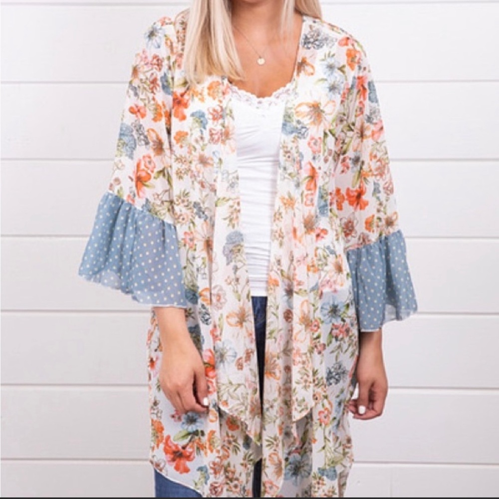 🔥B1G1 NWT Mystree Floral Polka Dot Chiffon OpenLong Kimono Duster large